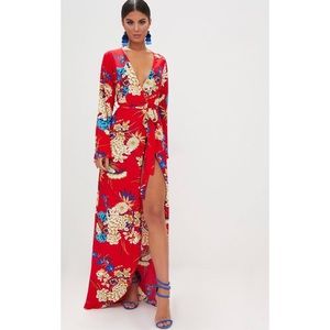 Red floral print kimono maxi dress